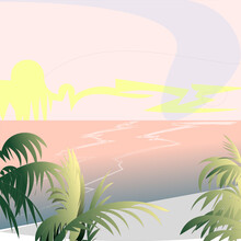 Pink Landscape With Palm Trees And Sun