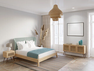 Wall Mural - A bedroom with an illuminated blank horizontal poster above a curbstone with rattan doors, a lamp on a nightstand next to a bed with a blue wicker headboard, and large spikelets near a door. 3d render