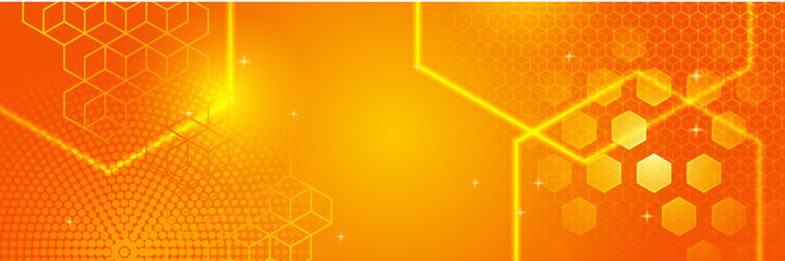 Orange technology digital banner design. Science, medical and digital technology header. Geometric abstract background with tech design. Molecular structure and communication vector illustration.