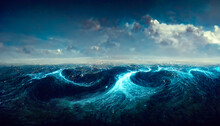 Fantasy Seascape With Beautiful Waves And Foam. Foam On The Waves Of Water. Top View Of The Ocean Waves. Dove Water Background. 3D Illustration.