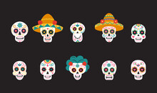 Mexico Halloween Day. Dia Muertos Dead Skeletons, Spooky Skull With Flowers, Mexican Death Cards, Male Female Heads With Traditional Sombrero Or Rose Wreath, Ethnic Vector Design Set