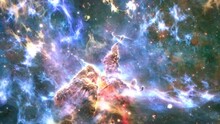 Carina Nebula Space Travel Exploration On Deep Space. 4K Flight Into A Pillar Of Gas In The Carina Nebula, Is Bathed In The Light Of Hot, Massive Stars. 3D Animation Space Flight.
