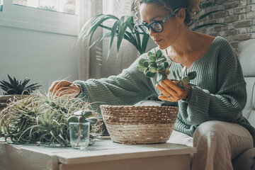 One woman enjoy indoor gardening at home working with plants. Leisure activity at home. Female with eyeglasses work with green nature inside house. Real. life people in apartment. Green moody colours