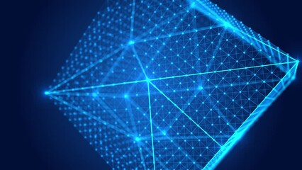 Abstract wireframe cube with connected dots and lines. Digital blockchain concept and data transfer system.
