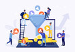 Process of communication, attracting customers, followers, making profit. Sales funnel of leads, prospects on laptop. Business strategy. Monetization tips. Increasing conversion rates SMM strategies