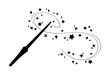 Magic wand silhouette in simple style, vector illustration. Shiny stick icon for print and design, hand drawn. Isolated elements on white background. Magician cast spell, fairy stars and sparkles