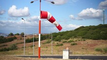 Wind Sock Fly. Summer Hot Day On Private Sporty Airport With Abandoned Windsock, Wind Is Blowing And Windsock Is Lazy Moving. Windsock With Cloud Sky Mountain And Road With Cars On Background 