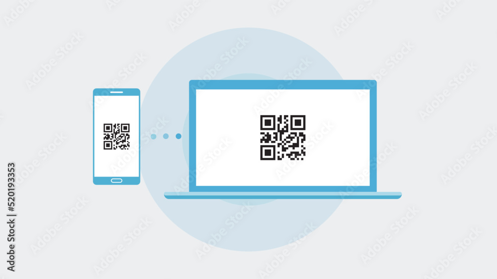 Flat Laptop and Mobile Connect through QR Code, QR Code Connecting ...