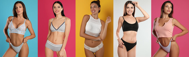 Sticker - Collage with photos of women wearing underwear on different color backgrounds. Banner design