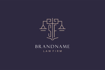 Wall Mural - Initial letter SF logo with scale of justice logo design, luxury legal logo geometric style