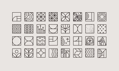 set of creative modern art deco icons in flat line style drawing on gray background.