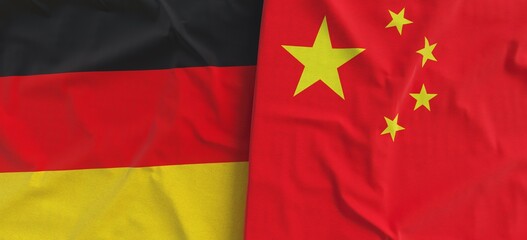 Wall Mural - Flags of Germany and China. Linen flag close-up. Flag made of canvas. German, Berlin. Chinese, Asia. State national symbols. 3d illustration.