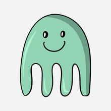 Sea Life, Cute Green Jellyfish With A Smile, Vector In Cartoon Style , Doodle