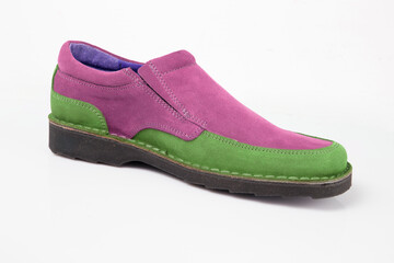 Wall Mural - Male pink and green leather shoe on white background, isolated product.