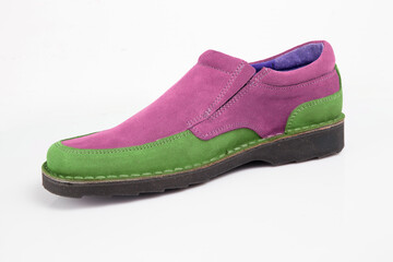 Poster - Male pink and green leather shoe on white background, isolated product.