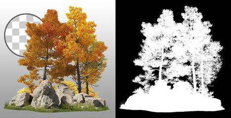 Wall Mural - group of deciduous trees among the rocks. cutout yellow trees in autumn isolated on transparent back
