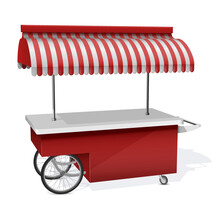 Outdoor Food Cart Red White Striped Awning Kiosk Realistic Vector Market Portable Retail Showcase