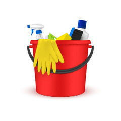 House cleaning kit red plastic bucket with detergents and equipment realistic vector illustration