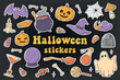 Set of Halloween doodles, stickers, clipart. Pre made stickers with white border for planners, laptops. Cards, posters, sublimation, prints, kids apparel design. EPS 10