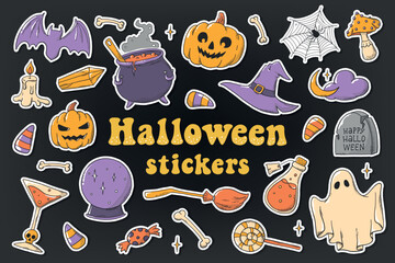 Wall Mural - Set of Halloween doodles, stickers, clipart. Pre made stickers with white border for planners, laptops. Cards, posters, sublimation, prints, kids apparel design. EPS 10
