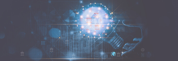Leinwandbilder - Businessman hand holding virtual light bulb with growth graph and banking icon.Profit in global business.Services that enhance successful Financial innovation technology develop new products