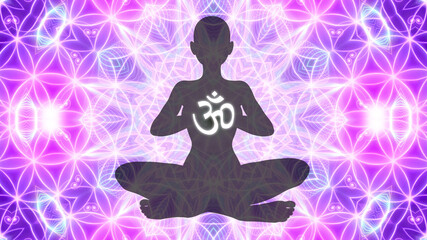 Wall Mural - Silhouette of a girl in Lotus position on the background of the fractal universe. A state of trance and deep meditation. A spiritual journey in the universe.