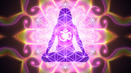 Wall Mural - Silhouette of a girl in Lotus position on the background of the fractal universe. A state of trance and deep meditation. A spiritual journey in the universe.