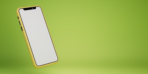 Poster - modern technologies. a large yellow smartphone with a white display on a green background with space to place products or text. 3d render. 3d illustration