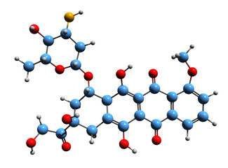 Wall Mural - 3D image of Doxorubicin skeletal formula - molecular chemical structure of  chemotherapy medication isolated on white background