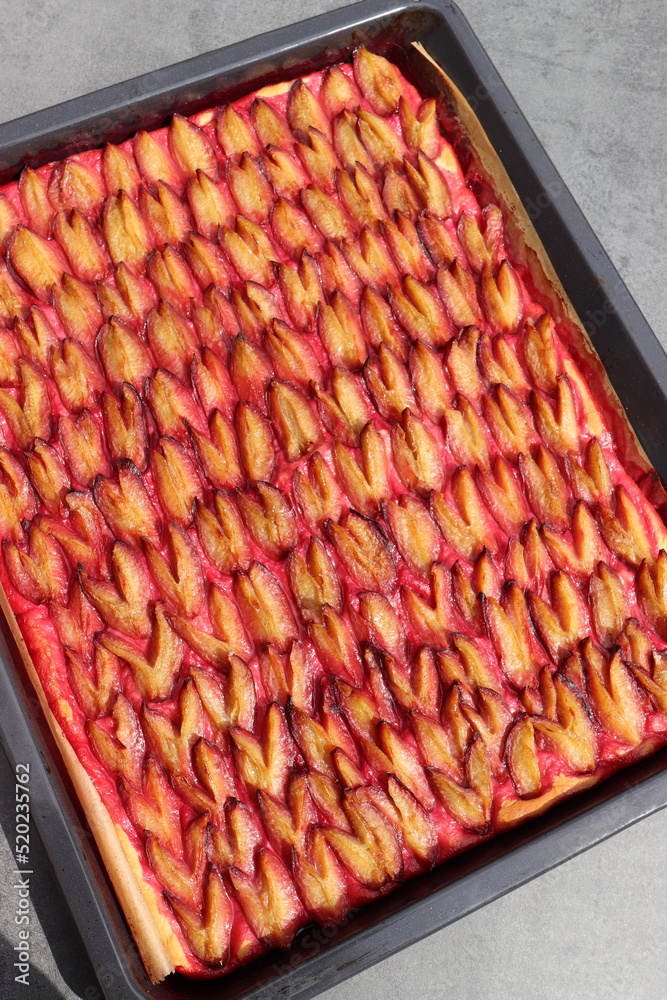 Foto de Stock Zwetschgenkuchen. Pflaumenkuchen. Blechkuchen. | Adobe Stock
