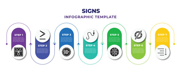 signs infographic design template with radioactive, is greater than or equal to, under, snake, mathematical, empty, alignment icons. can be used for web, banner, info graph.