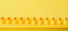 Banner Yellow Rubber Duck Background Yellow Ducks In A Row. Rubber Duck Pattern Yellow Concept. Communication. Community. Rubber Ducky Bath Toy Duckling Bathroom Shelf Toy Design Shelf Decor. Organize