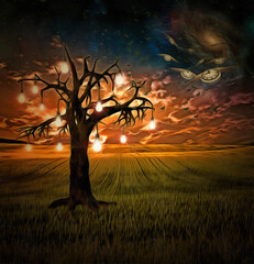 Poster - Bulb tree of ideas with surreal space background