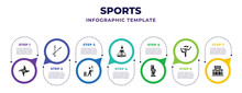 Sports Infographic Design Template With Ninja Shuriken, Ski Poles, Cricket Player With Bat, Meditation Yoga Posture, Amonestation, Dancer Balance Posture On One Leg, Starting Icons. Can Be Used For