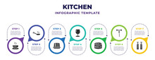 Kitchen Infographic Design Template With Soup Bowl, Skillet, Mould, Glass, Conserve, Corkscrew, Salt And Pepper Icons. Can Be Used For Web, Banner, Info Graph.