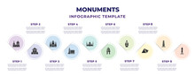 Monuments Infographic Design Template With Blue Domed Churches, Chiang Kai Shek Memorial Hall,  , Tower Of Nevyansk In Russia, Badshahi Mosque, Cambodia, The Clock Tower, Egyptian, Walled Obelisk
