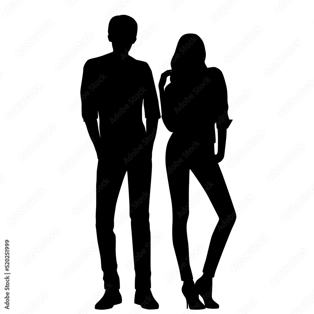 Vector silhouettes of man and a woman, a couple of standing business ...