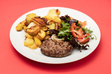 Sticker - fresh grilled hamburgers with potato and salad in small bowl