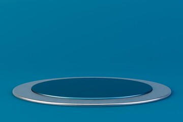 Poster - abstract background. a round blue podium with a white rim for product placement on a blue background. presentation podium. 3d illustration. 3d render
