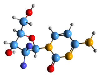 Wall Mural -  3D image of Gemcitabine skeletal formula - molecular chemical structure of chemotherapy medication isolated on white background
