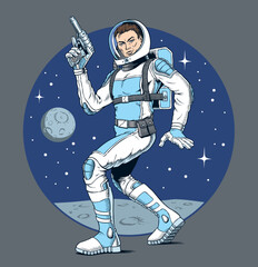 Wall Mural - Astronaut with blaster gun on the Moon or another planet. Classic science fiction comic book style vector illustration.