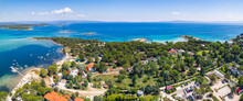 Drone Aerial View Of A Small Village Next To The Karydi Beach. Summer Holidays Destination. Halkidiki Peninsula In Greece. High Quality Photo