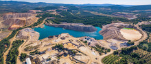 Beautiful Full Panoramic Aerial View Of An Open-pit Mine In Greece. Forests And Mountains On The Horizon. High Quality Photo