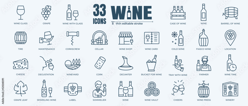 Wine icon set with editable stroke and white background. Thin line ...