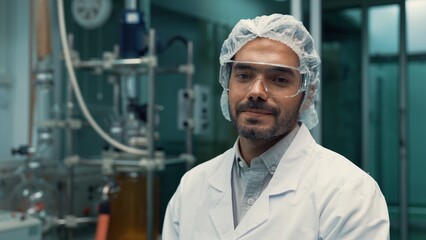Poster - portrait of a man scientist in uniform working in curative laboratory for chemical and biomedical ex