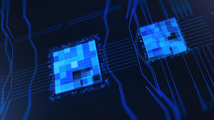 Poster - Processors CPU concept. Animation. Motherboard digital chip. Abstract animation of computer central processing unit CPU in digital cyberspace