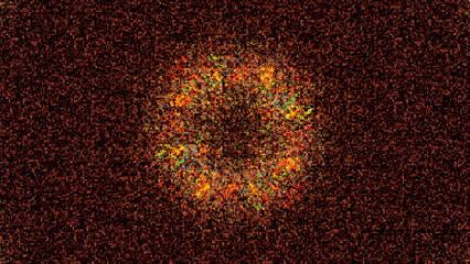 Poster - Widening circular soffit light rings on colorful grid with particles, seamless loop. Animation. Field of tiny particles with radial circles.