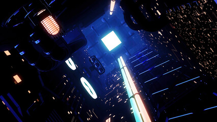 Poster - Alien futuristic spaceship interior with shimmering lights, seamless loop. Motion. Sci-Fi dark corridor with the light in the end of the tunnel.