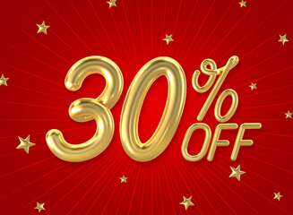 Wall Mural - 30% off golden number on the red background. Sales concept. 3d illustration.
