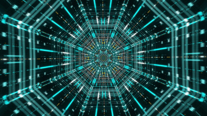 Aufkleber - Moving forward inside fluorescent neon glowing light lines. Animation. Beautiful futuristic abstraction of sci-fi endless tunnel on the black background.